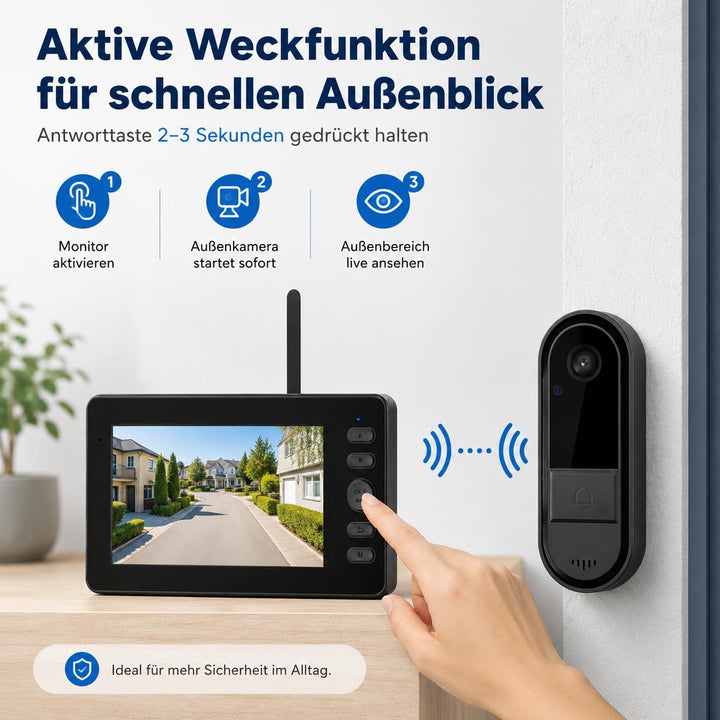 Funkklingel mit Kamera, Kabellose Video Türklingel mit 4,3" IPS Monitor, ohne WLAN & App, Türsprecha