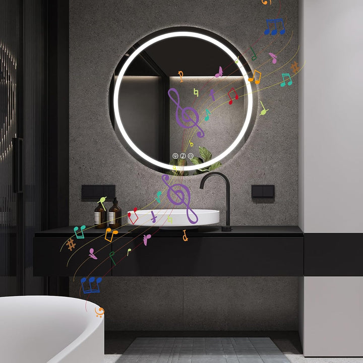 Bluetooth Badezimmerspiegel mit Beleuchtung, 70cm Runder Spiegel mit Beleuchtung, Wandspiegel mit Fr