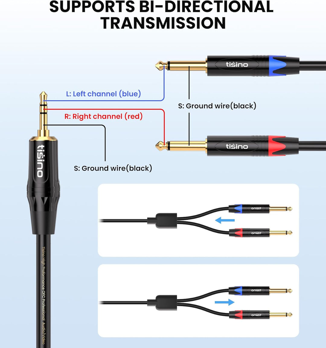 Tisino 3,5 mm auf 6,35 mm Stereo-Kabel, Mini-Klinkenstecker TRS Stereo auf Dual 6,35 mm TS Mono Y-Sp