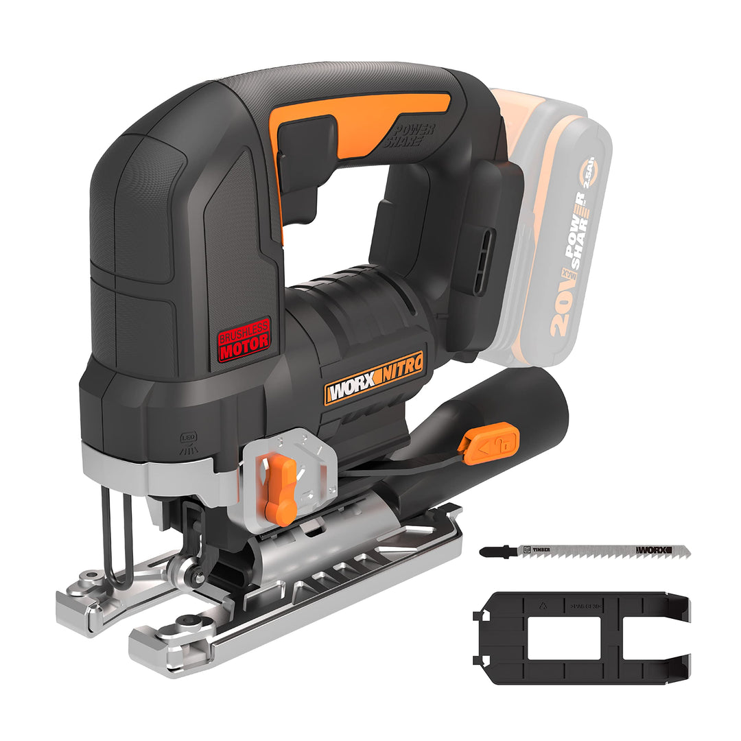 WORX NITRO WX542.9 Akku-Pendelhub-Stichsäge 20V - Bürstenloser Motor - Profi Stichsäge Mit Absaug-Ad