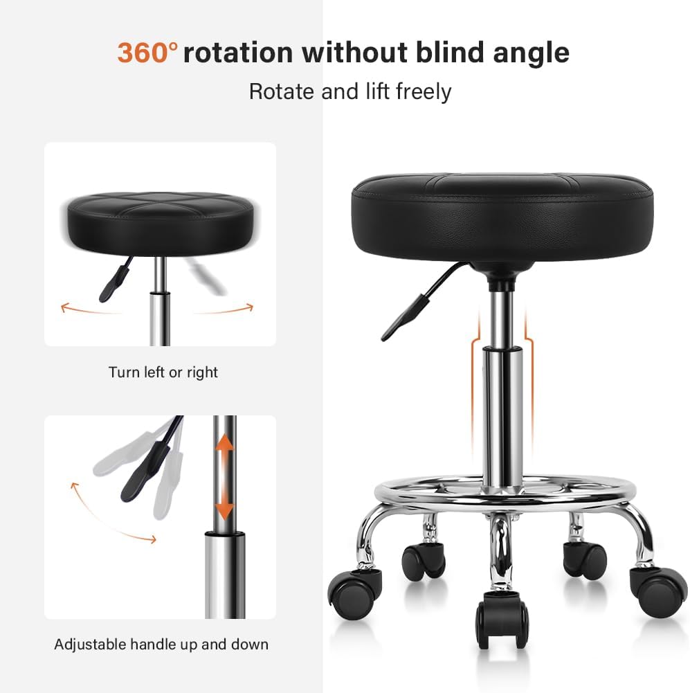 KKTONER Rollhocker Arbeitshocker Barhocker höhenverstellbar 49-64cm drehbar aus Kunstleder Schwarz,