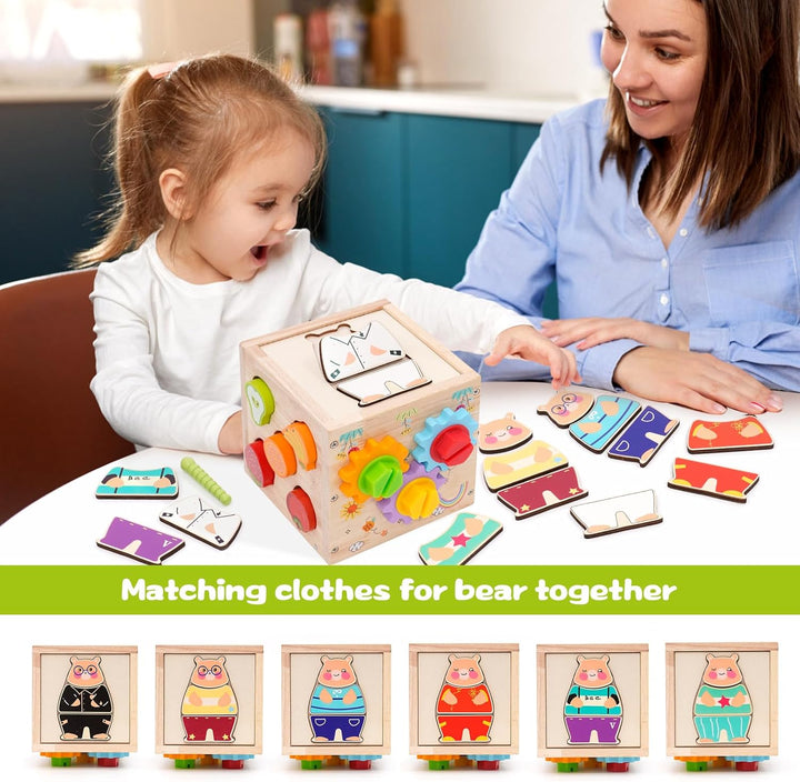 5 in 1Montessori Motorikwürfel,Activity Cube,Steckwürfel enthalten Formen zuordnen, Karotten ernten,