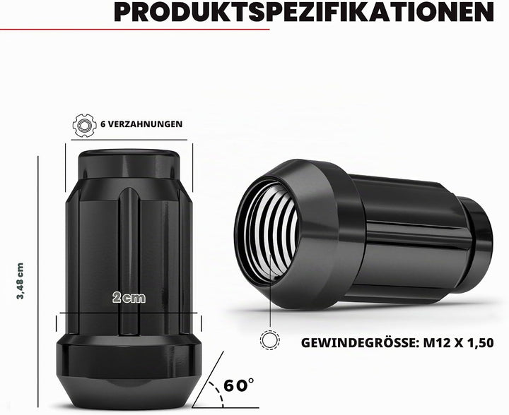 White Knight 3807BK-20AM M12 x 1,50 Radmuttern mit Schlüssel, Schwarz, Chrom, 20 Stück 20er-Pack sch