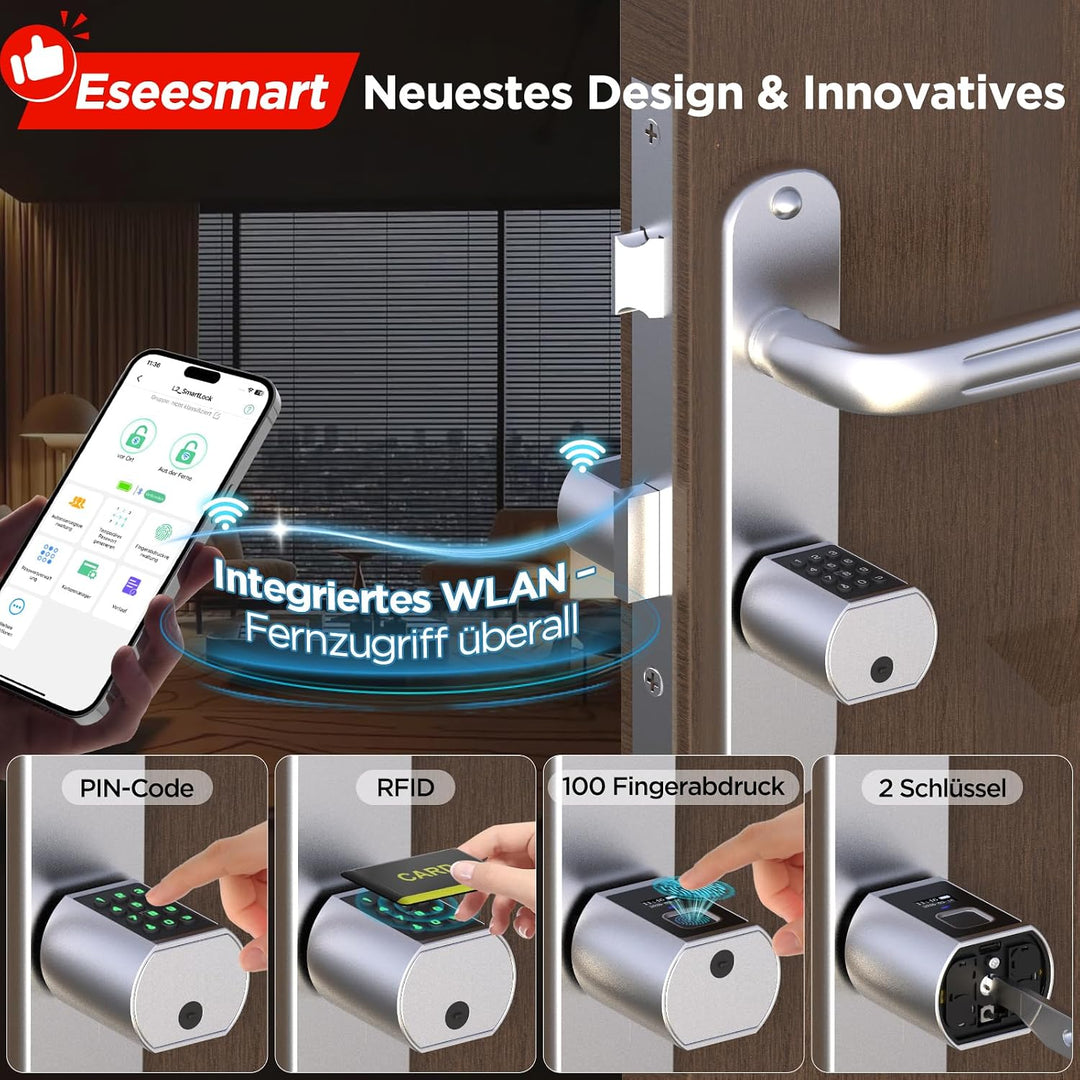 Eseesmart Smart Lock mit WLAN &amp; Bluetooth – Elektronisches Türschloss Fingerabdruck mit Display, Cod