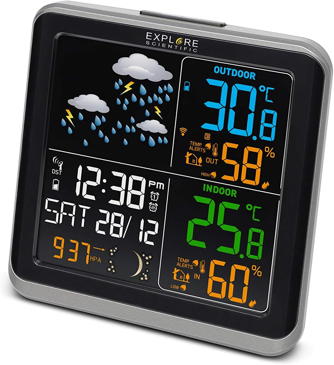Explore Scientific WSH4008C Funk-Wetterstation, Barometer mit Wettervorhersage mit 6 Symbolen, Tempe
