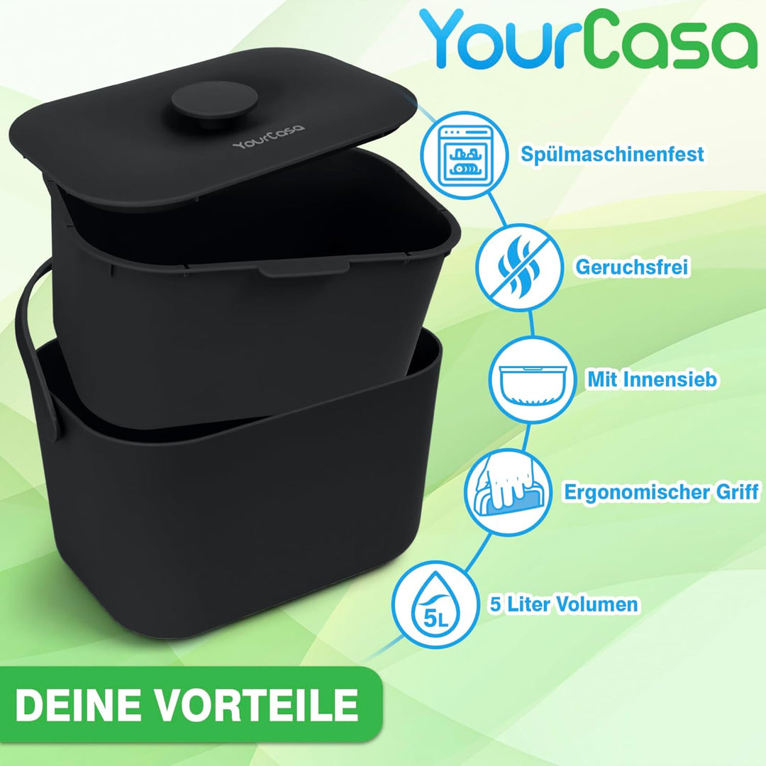 YourCasa Biomülleimer Küche 5L - Komposteimer für alltäglichen Biomüll Behälter - Spülmaschinenfest
