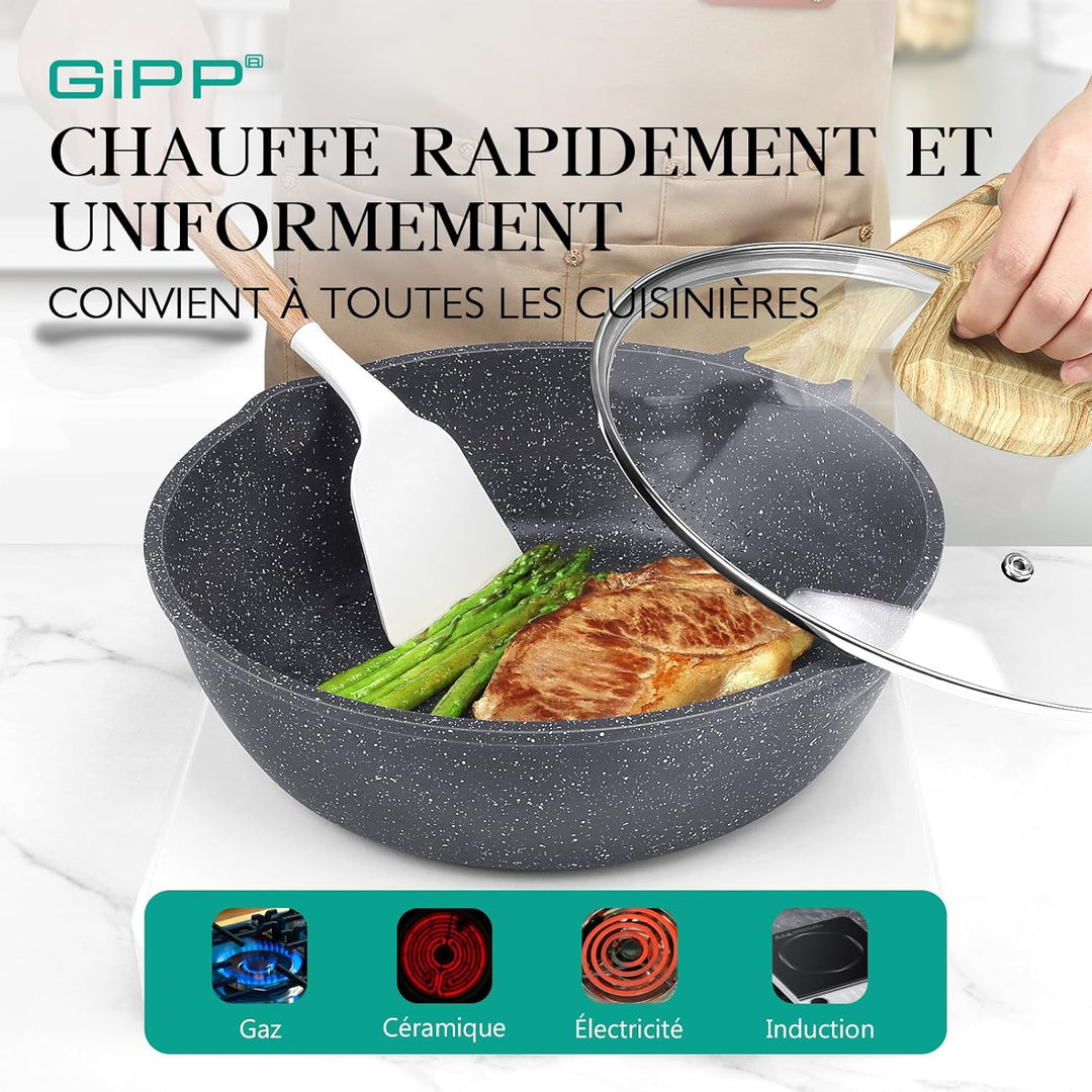 GiPP 28 cm Wokpfanne mit Deckel, Antihaft Pfanne mit Deckel 28cm Hoher Rand, Granit-Antihaftbeschich