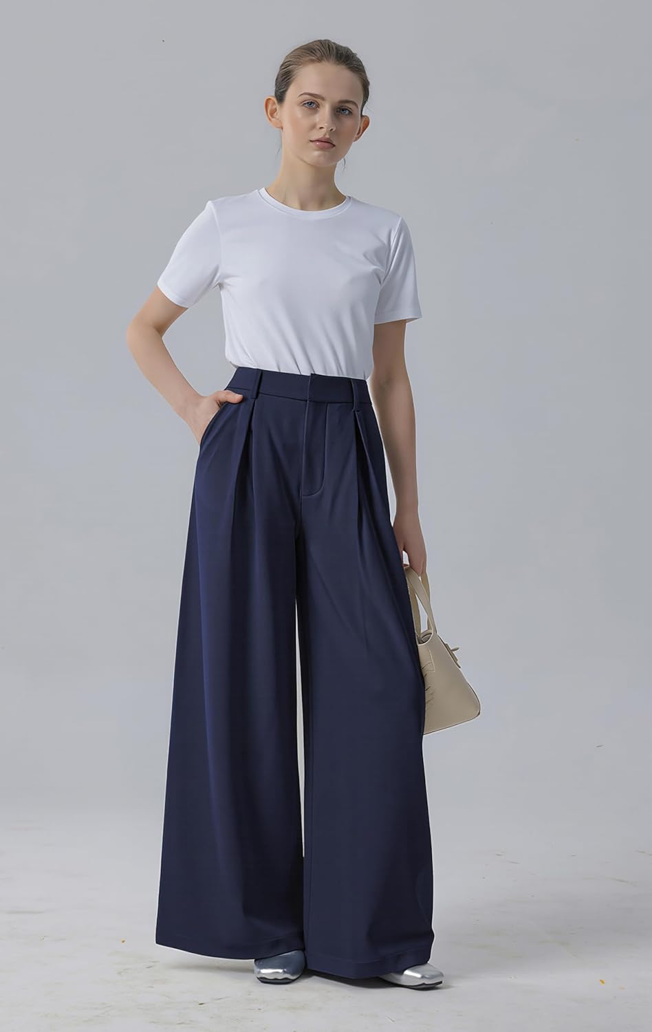 Tronjori Damen Hose Weites Bein Frauen Lange Hose mit Taschen Einfarbig Lose elastische Hohe Taille