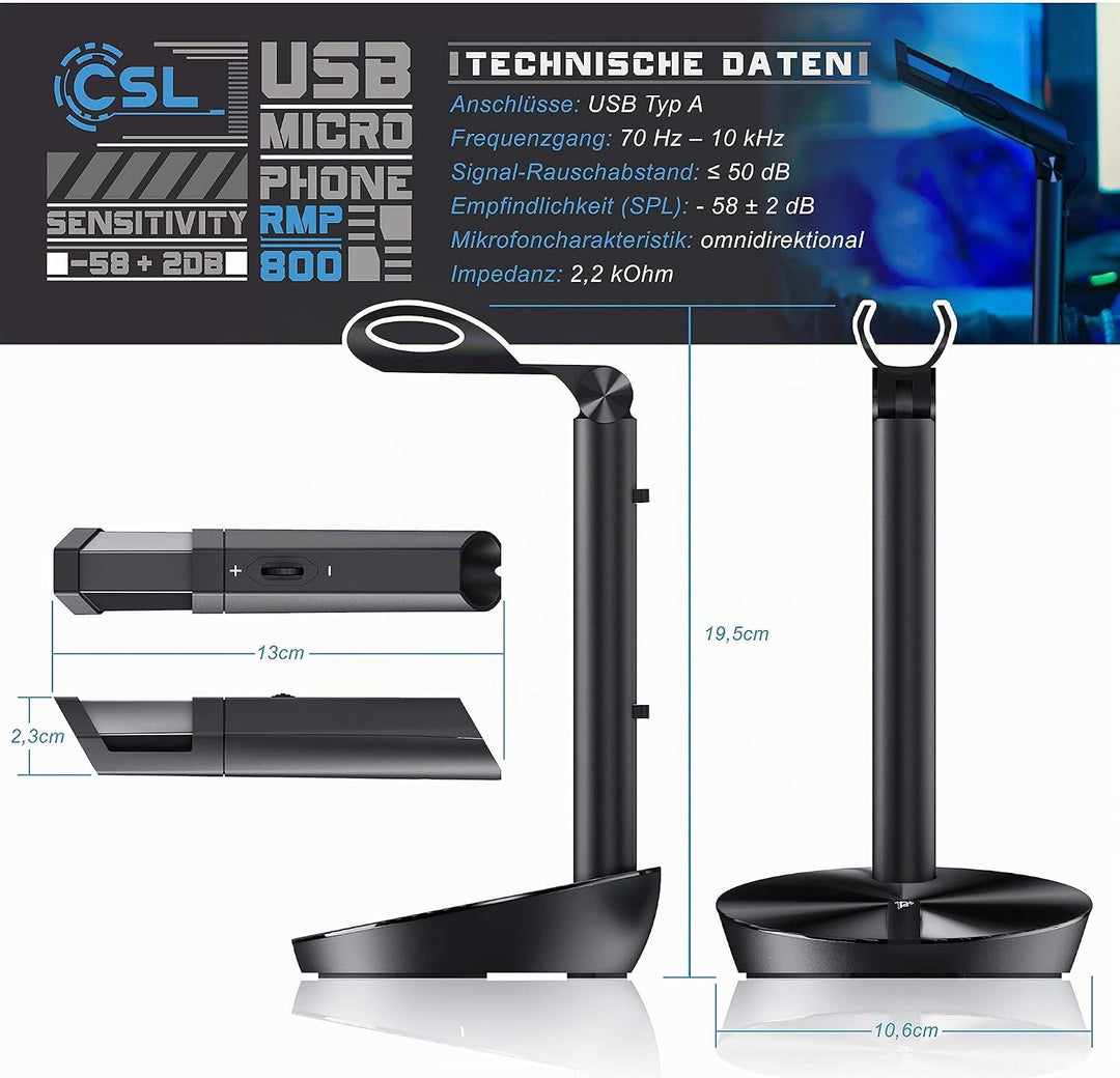 CSL - PC Standmikrofon, USB Mikrofon, Kompatibel mit PC, Mac, Smartphone, Professionelles USB Mikrof