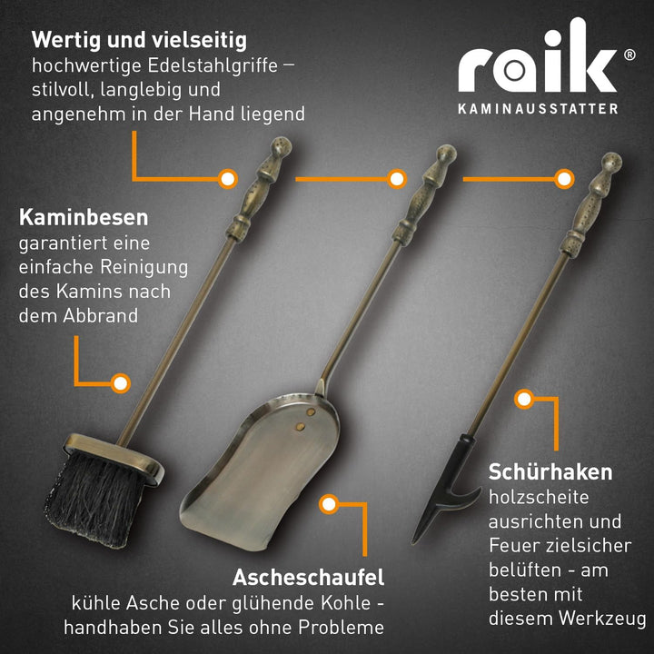 raik Kaminbesteck Set Ritter Kunibert 4-teilig inkl. Rindsleder Ofenhandschuh schwarz Kamingarnitur
