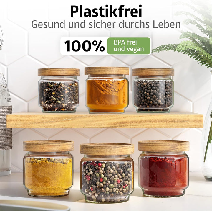 ElbFuchs® Gewürzgläser Set NEU | 6x 150ml [ LUFTDICHT & BPA-FREI ] Gewürzgläser rund mit Holzdeckel
