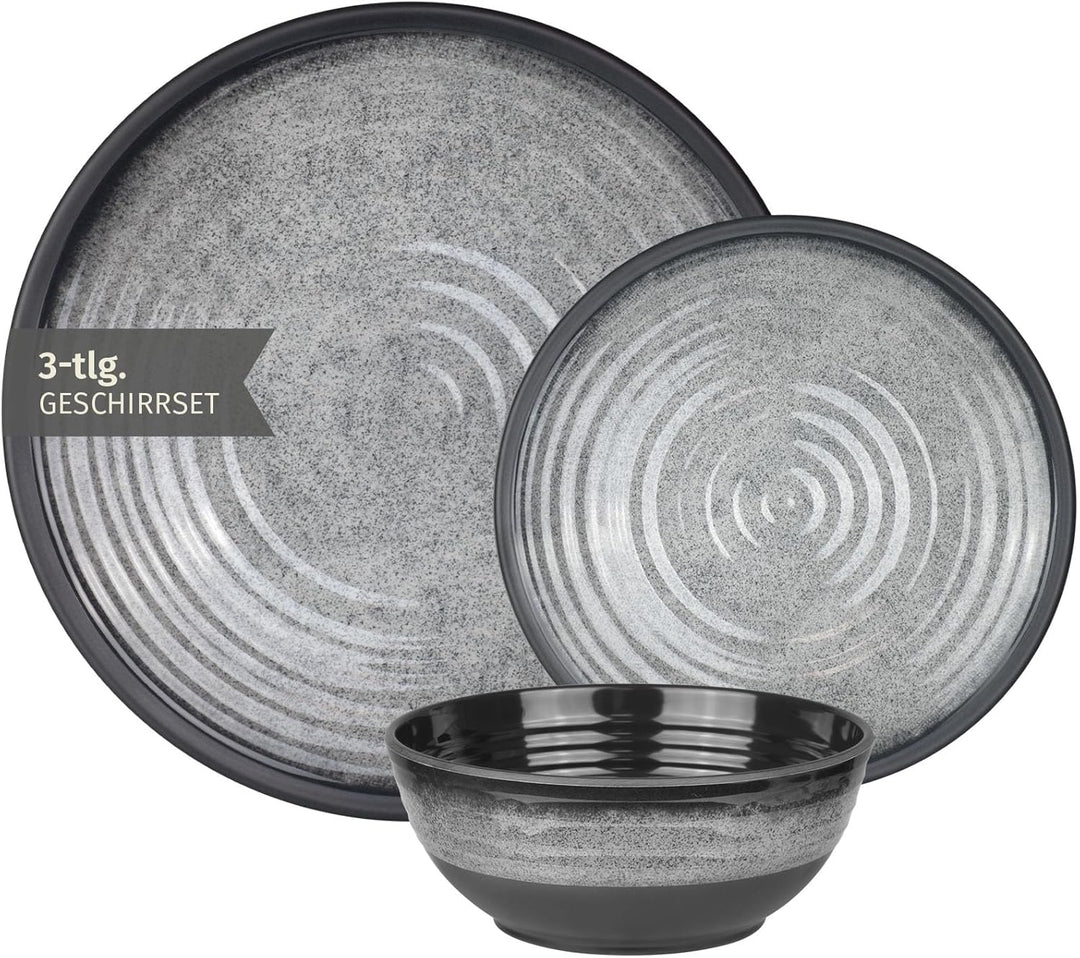Camping Geschirr Set 1 Person 3-teilig | Melamin | Picknick Geschirrset | Campinggeschirr Stone Grey