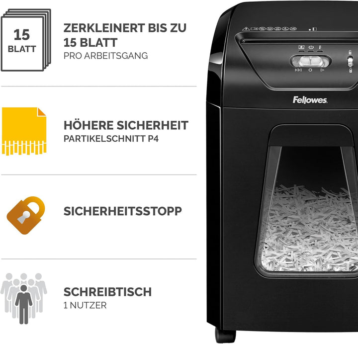 Fellowes FS-15C Aktenvernichter, Kreuzschnitt, 15 Blatt, P4, 19L Auszugsbehälter, Hochsicherheit, Pa
