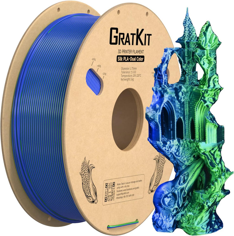 GratKit Silk Dual Color Filament PLA 1.75mm, -0.03mm, Coextrusion PLA Filament, 3D Drucker Filament,