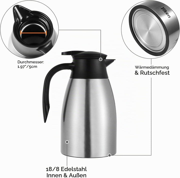 Tiken 1.5L Thermoskanne Edelstahl Doppelwandige Vakuumisolierung Isolierkanne Kaffeekanne, Silbrig S