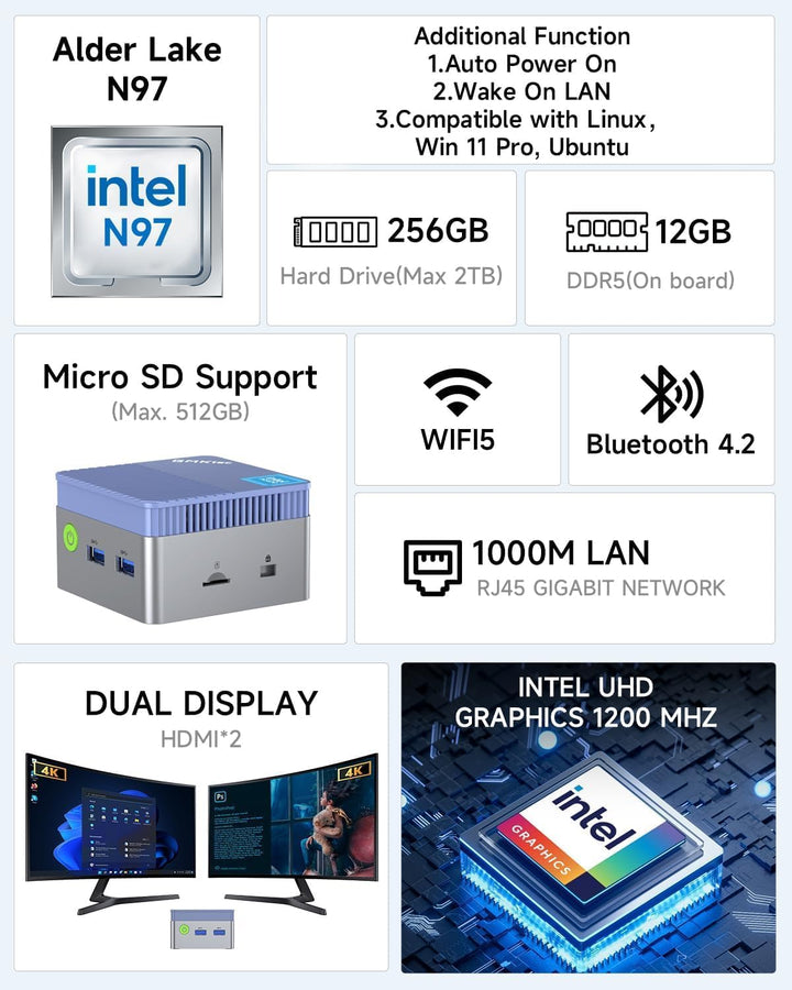 GMKtec Mini-PC N97 mit with Windows 11 Pro, G5 Micro-Desktop-Computer, Intel Alder Lake N97 der 12.