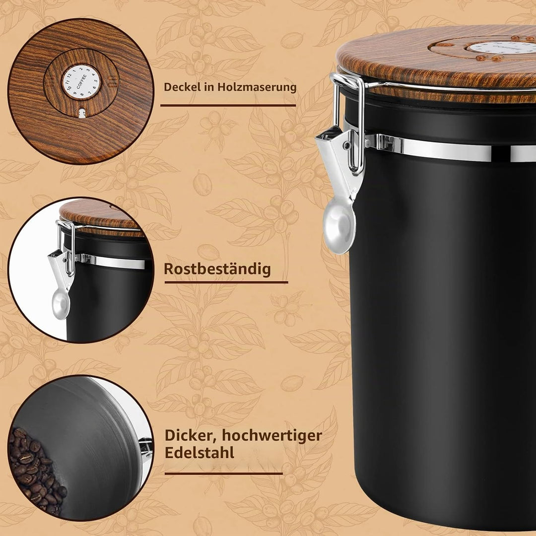 ZWOOS Kaffeedose Luftdicht 1kg Bohnen - Kaffeebohnen Behälter aus Edelstahl mit Messlöffel Deckel au