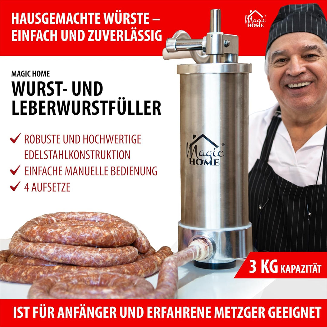 MAGIC HOME Wurstfüller aus Edelstahl | 2l / 3kg | Manuell, Vertikale | Hochwertige Wurstfüllmaschine