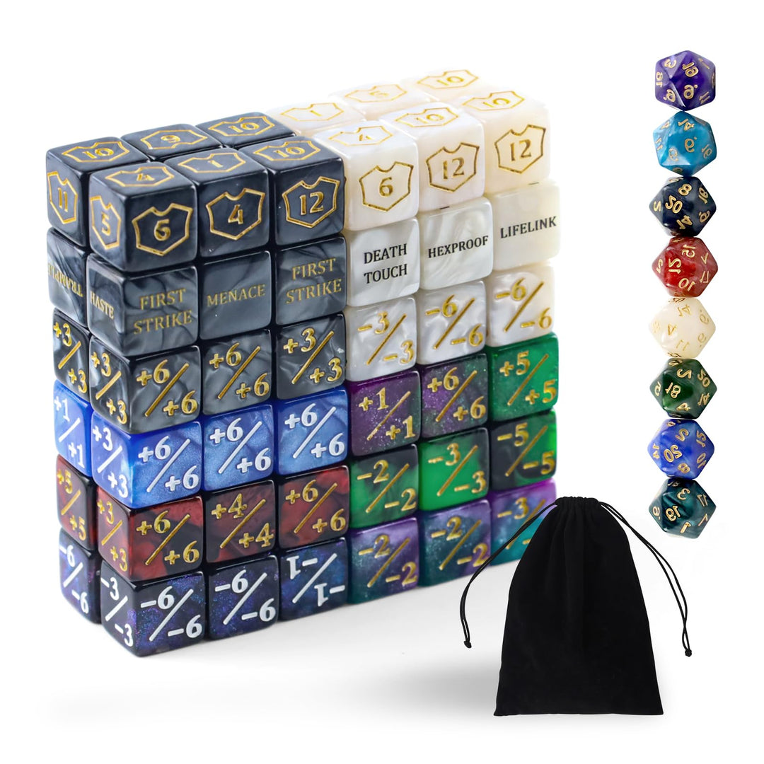 80 Stück MTG Würfelzähler-Set Premium，Schild Lebenszähler,Schlüsselwörter-Würfel,+1/+6 & -1/-6 Zähle
