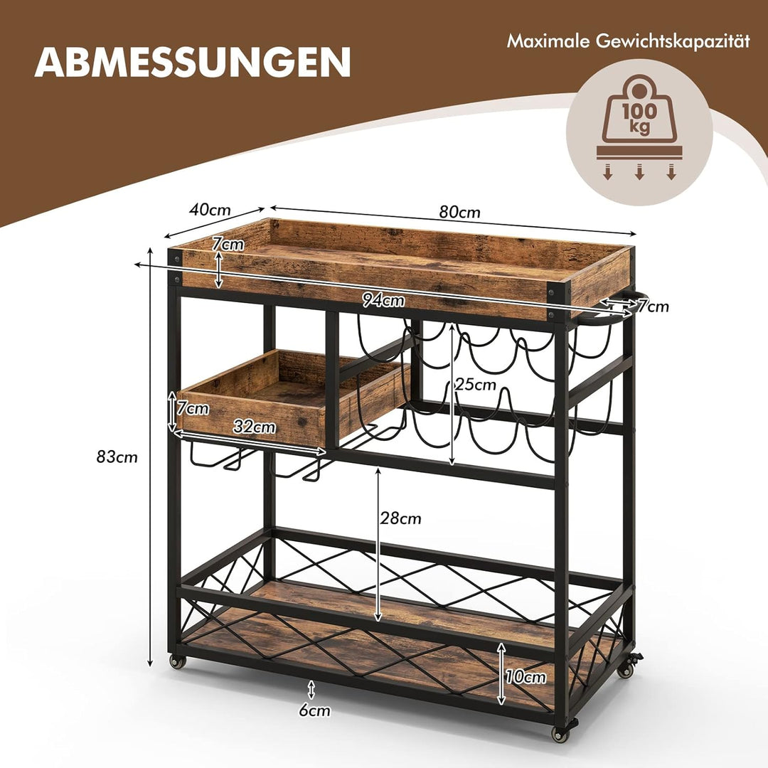 COSTWAY 3 Ebenen Servierwagen mit abnehmbarem Tablett, Küchenwagen mit 2 Reihen Glashalter und 8 Wei