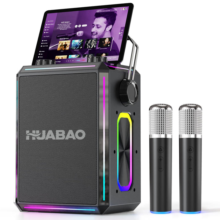 Tragbarer Bluetooth-Karaoke-Lautsprecher mit 2 kabellosen Mikrofonen, RGB-Beleuchtung, Höhen- und Ba