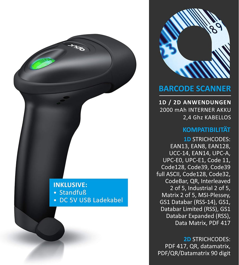 CSL - Wireless Barcode Scanner 2.4 GHz 1D 2D, 2000 mAh, inkl. Standfuss, Funk Barcodescanner kabello