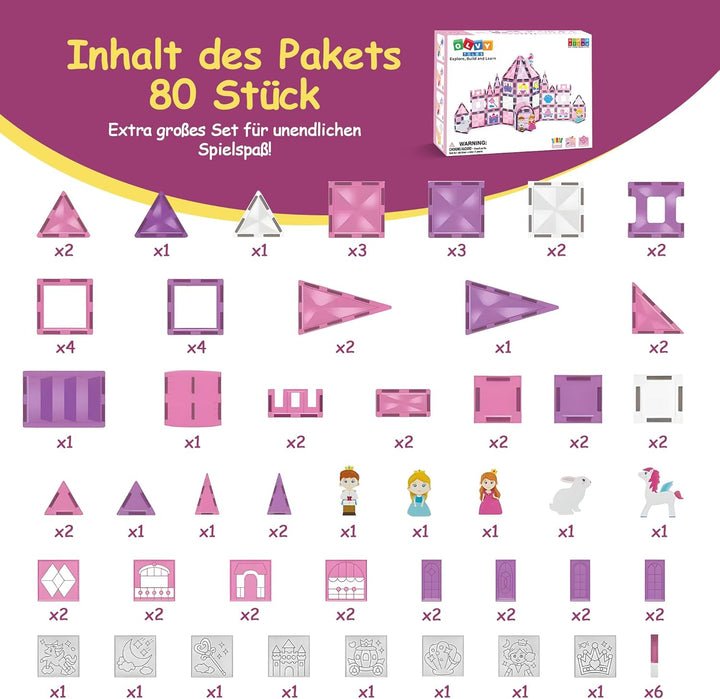 Olvy Magnetische Bausteine Montessori Spielzeug - 80 Magnetic Tiles Kinder - Magnetisches Konstrukti