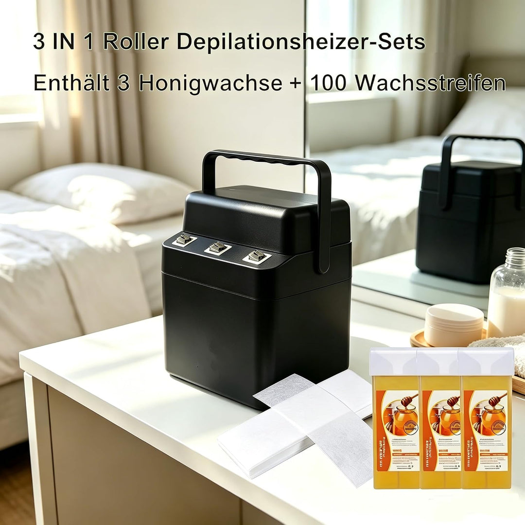 3-in-1 Roll-On Waxing Set, Schnellheizender Wax Maschine, Wachswärmer mit 3 Honigwachs-Nachfüllungen