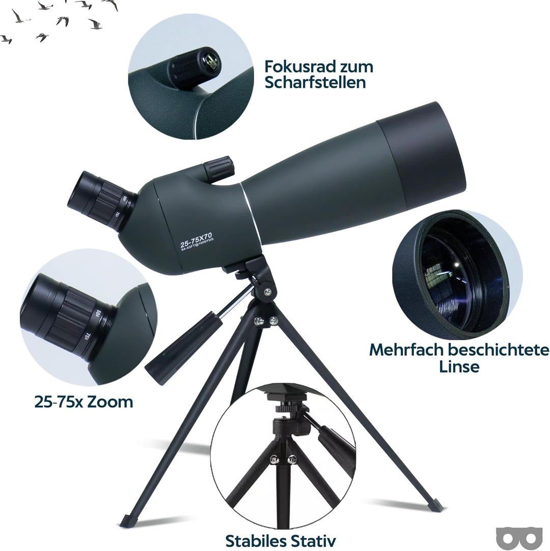 Spektiv 25x75 mit Stativ PRO | High Definition Zoom | Wasserdicht & Shockproof | FMC BaK-4 Prism | T