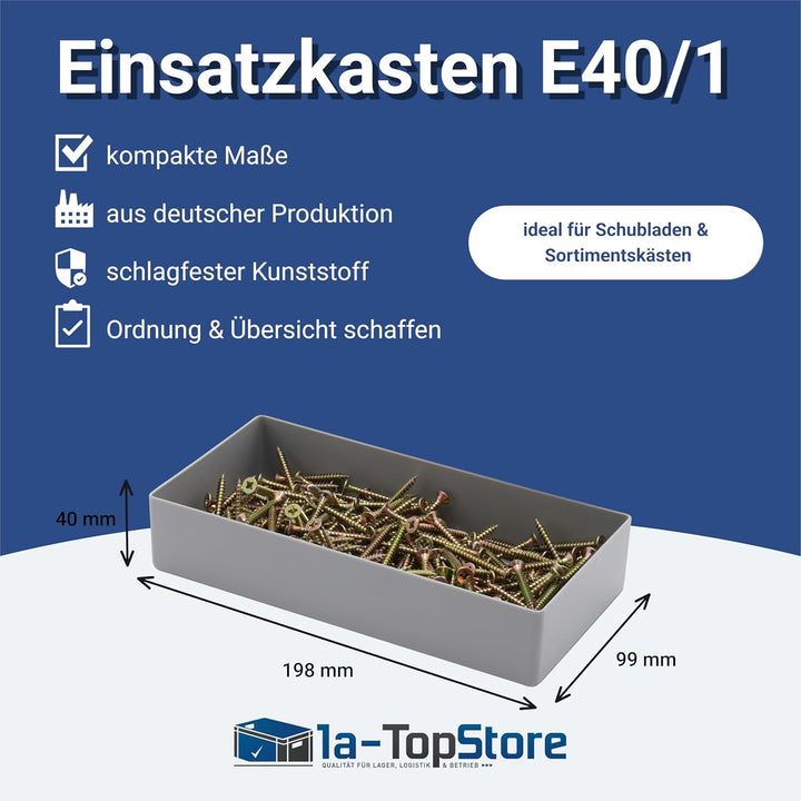 1a-TopStore 25 Stück Einsatzkasten Serie E40, farblich sortiert, 5 Farben u. 4 Grössen, aus Polystyr