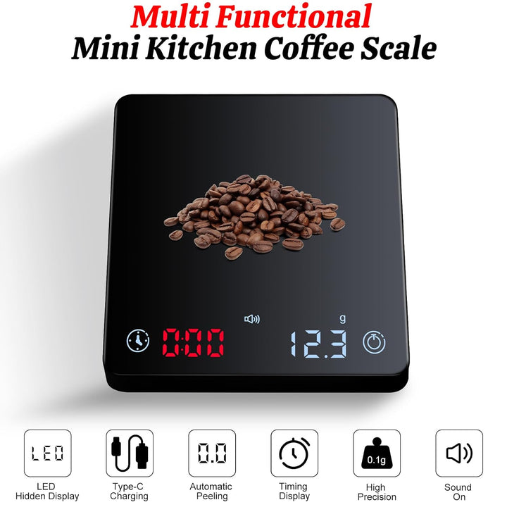 Mini Kaffeewaage mit Timer, Hochpräzise 2kg/0.1g Digitale Küchenwaage für Espresso & Kaffeezubereitu