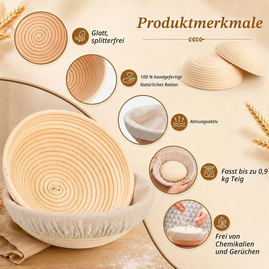 Gärkörbchen, Gärkorb, Rund Zum Brotbacken 6er Set, Gärkorb Brot mit Waschbarem Leineneinsatz, natürl