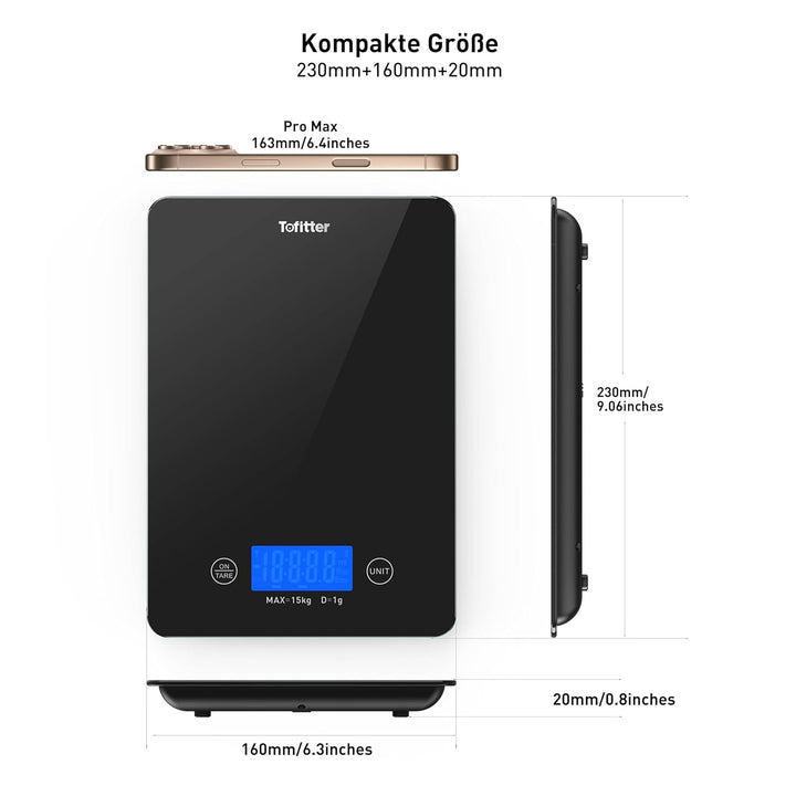 Digitale Küchenwaage, Lebensmittelwaage, 15 kg, hohe Genauigkeit, 1 g, USB wiederaufladbar, 2 AAA-Tr