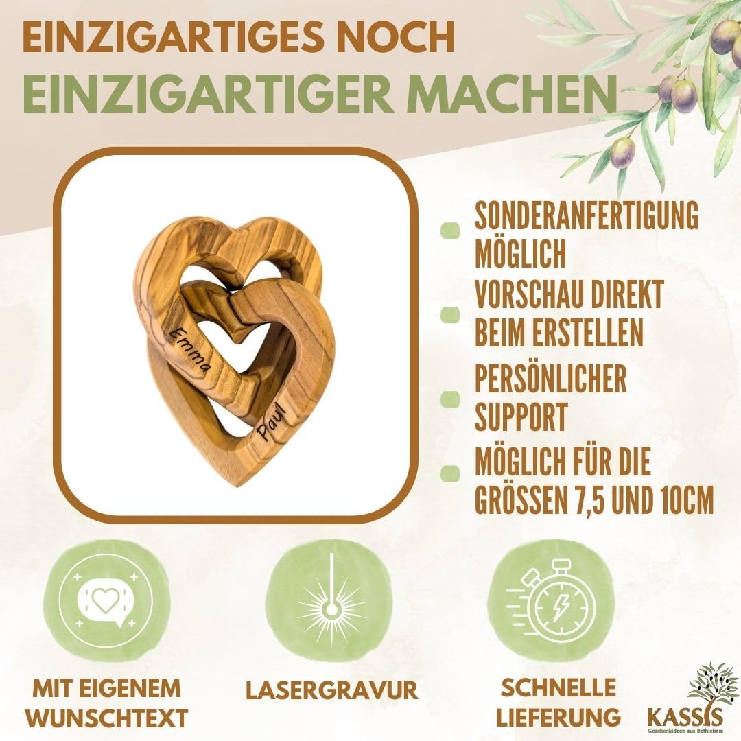 Kassis Geschenkartikel Personalisierte Olivenholz-Herzen für Brautpaar, zum Valentinstag, Jubiläum,
