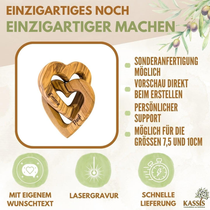 Kassis Geschenkartikel Personalisierte Olivenholz-Herzen für Brautpaar, zum Valentinstag, Jubiläum,