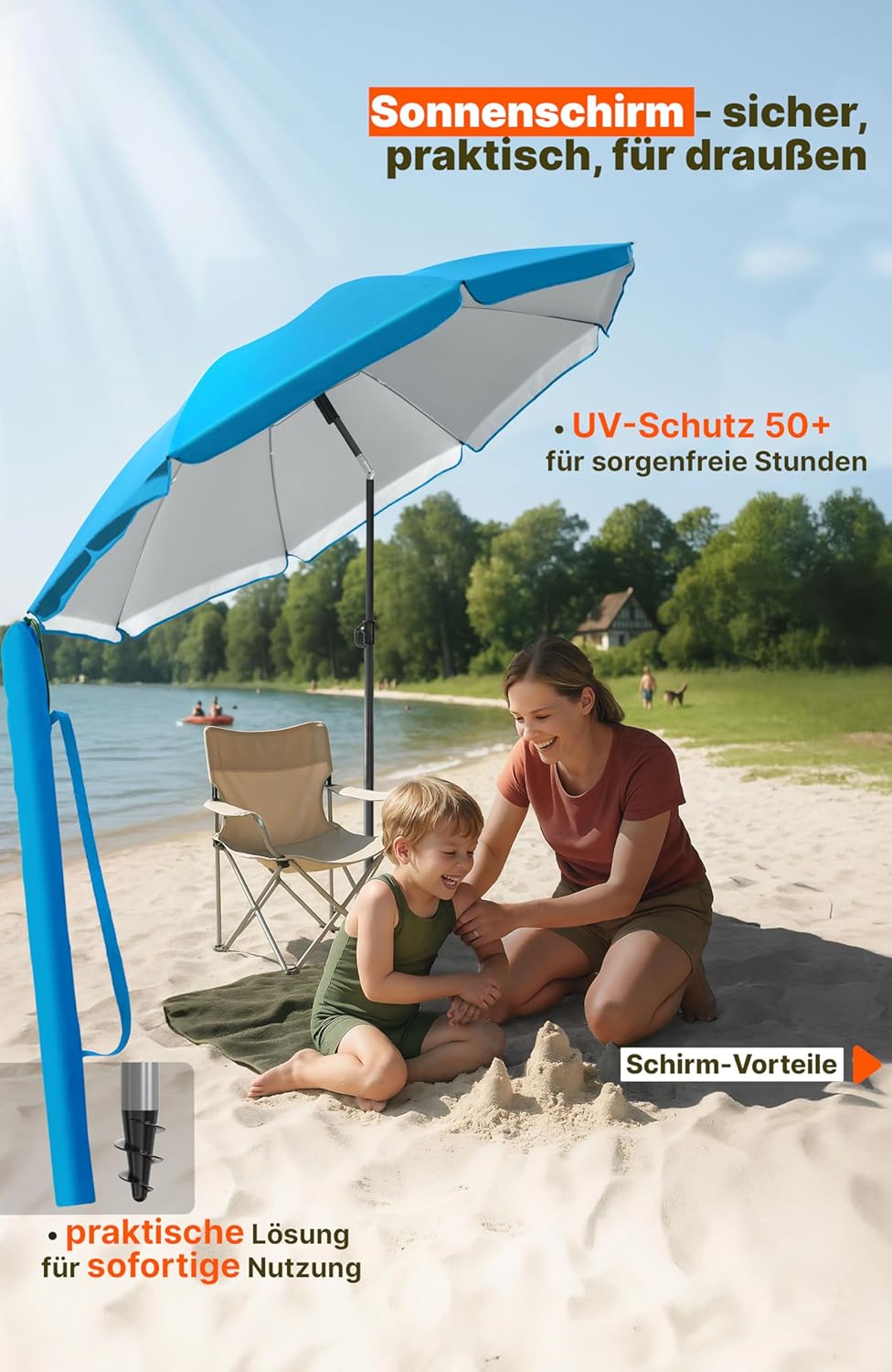 4smile Sonnenschirm für Strand und Balkon Ø 180 cm, Blau - UPF 50+ Balkonschirm SunnyJoy, Strandschi