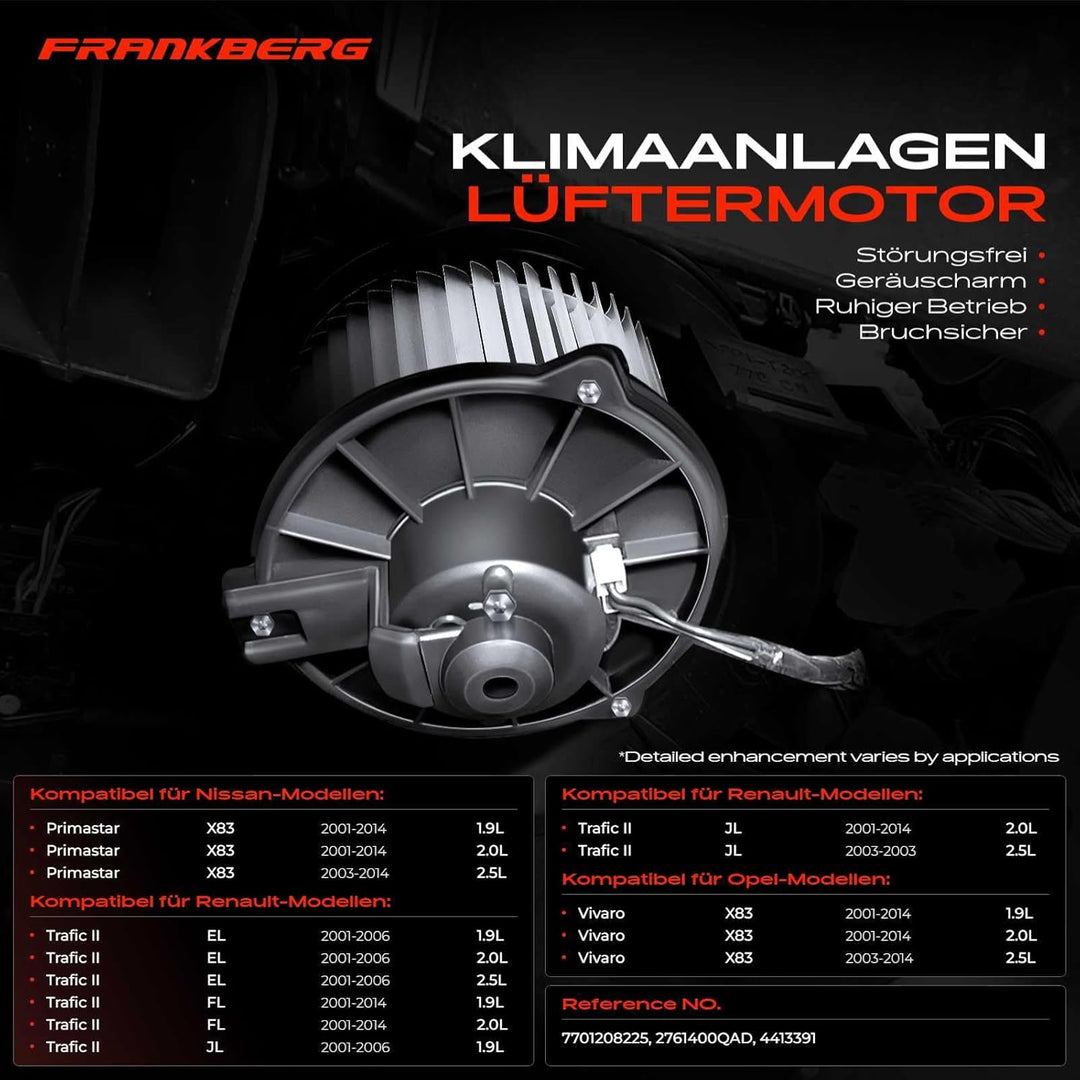 Frankberg Heizungsgebläse Gebläsemotor Kompatibel mit Primastar 2001-2014 Vivaro 2001-2014 Trafic II