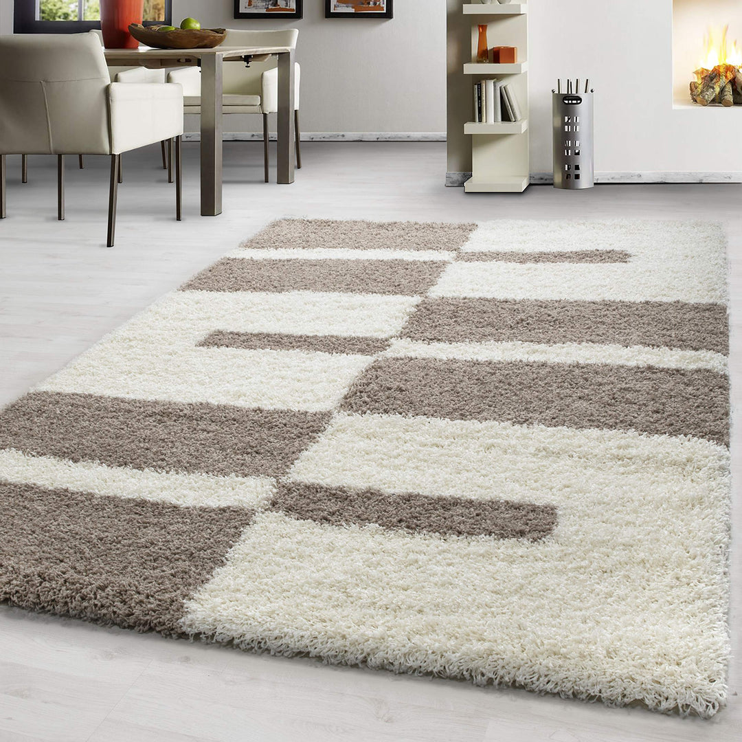Teppium Shaggy Hochflor Teppich Läufer Flur 60 x 110 cm Beige - Kariertes Flauschiger Teppich, Weich