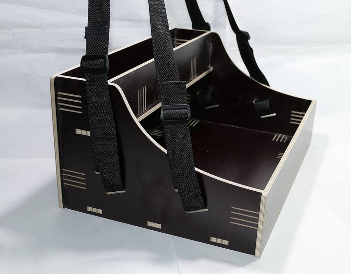 Holz Bauchladen schwarz/braun mit Oberlade 2 Gurte JGA Fete Catering 42 cm x 30 cm mit schwarzem Tra