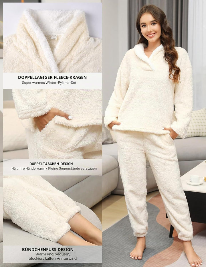RITOSTA Schlafanzug Damen Winter Thermo Pyjama Lang Fleece Hausanzug Kuschelig Warm Pyjama Set Flaus