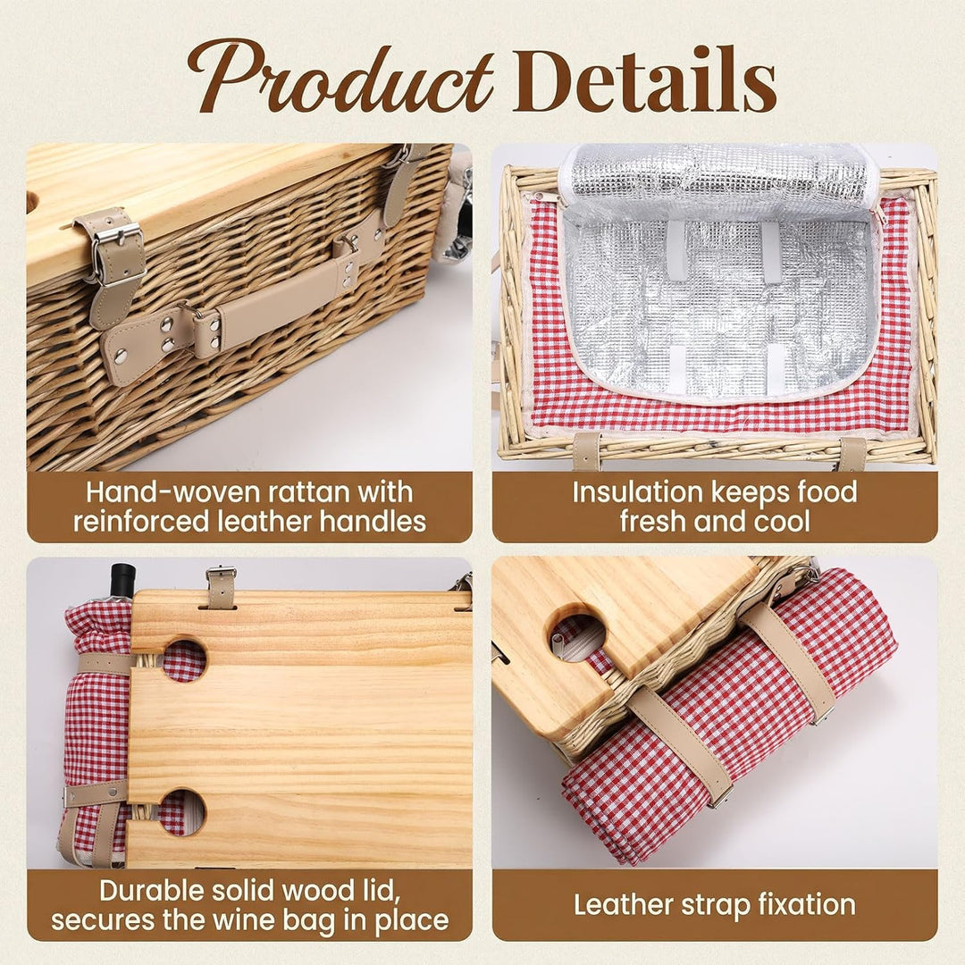 Picknickkorb-Set aus Weide für 4 Personen – mit abnehmbarem Tisch, Bestecktasche, isolierter Kühltas