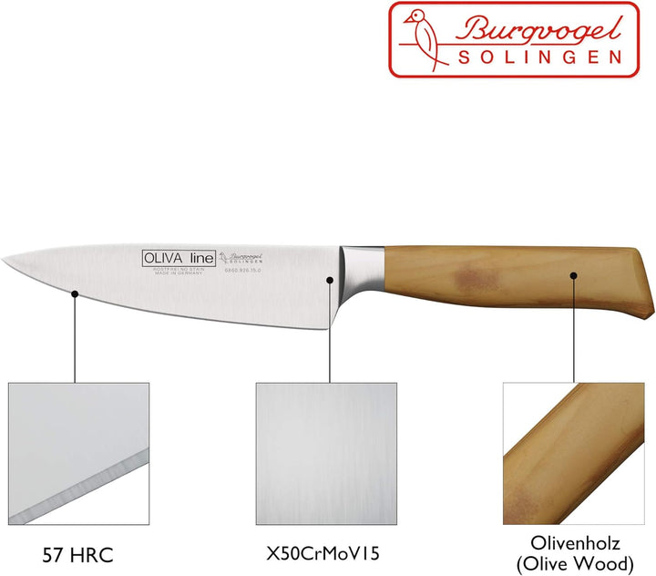Burgvogel Solingen Kochmesser 15 cm geschmiedet Olivenholz, Oliva Line, rostfrei, deutsches Küchenme