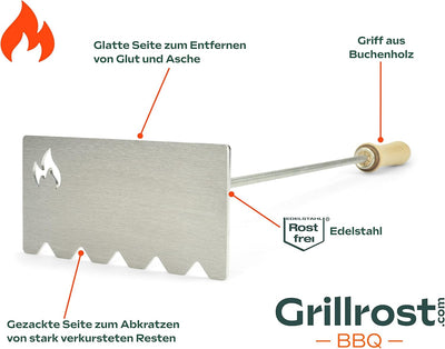 Grillrost.com Das Original Glutschieber Aschekratzer aus Edelstahl - Für Kamin Feuerschale und Kache