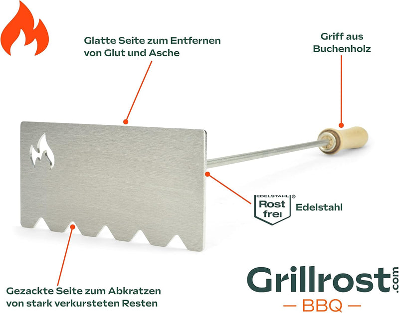 Grillrost.com Das Original Glutschieber Aschekratzer aus Edelstahl - Für Kamin Feuerschale und Kache