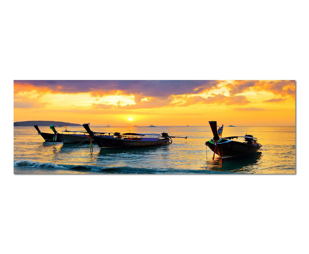 Paul Sinus Art Panoramabild auf Leinwand und Keilrahmen 150x50cm Thailand Strand Fischerboote Abends