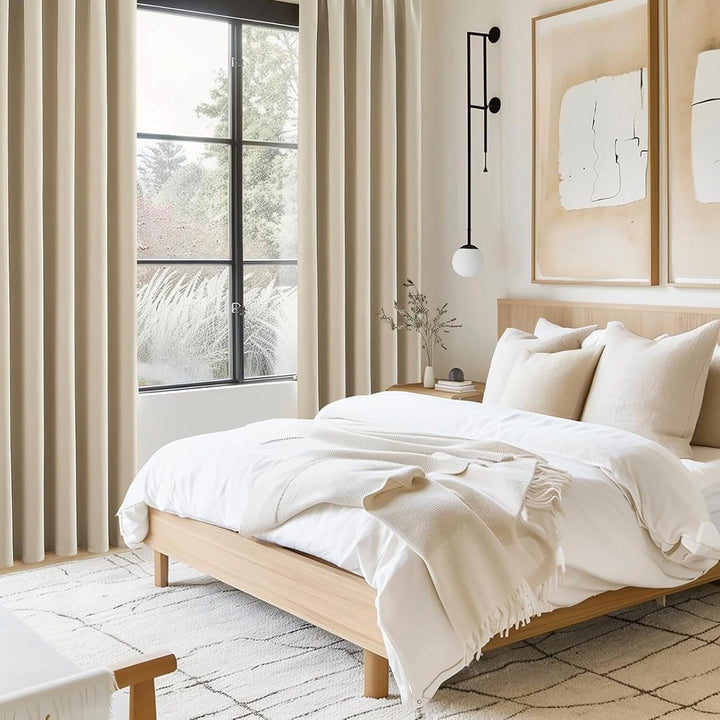 Topfinel Gardinen Blickdicht Vorhänge mit Ösen Verdunklungsvorhänge Kurz Vorhang Beige 2er Set 140x1