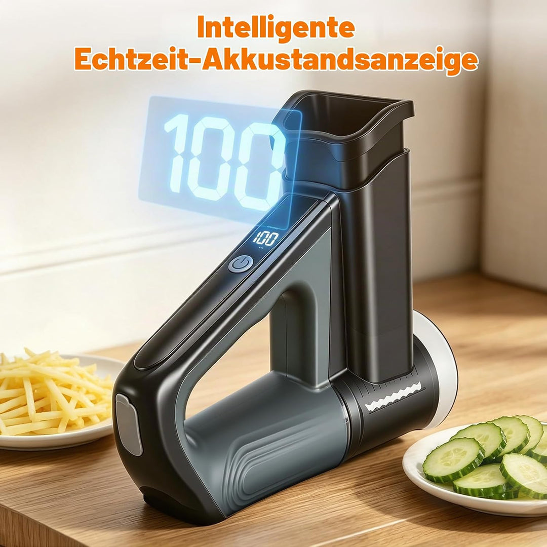 Kabellos Gemüseschneider Elektrisch mit LED Digitalanzeige &amp; 5 Auswechselbare Klingen, 2600mAh Elekt
