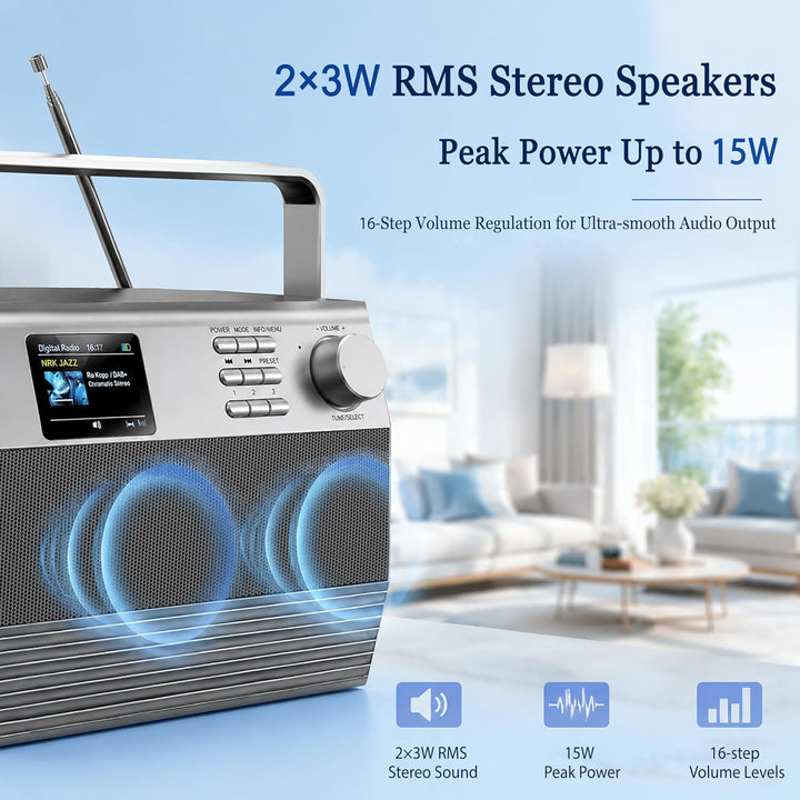 DAB+/UKW Radio mit Bluetooth &amp; Freisprechfunktion, 6W RMS Stereo Küchenradio mit Farbdisplay, dualem