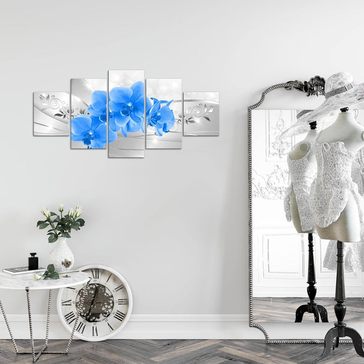 Runa Art Wandbilder Blumen Orchidee 5 Teilig Bild auf Vlies Leinwand Deko Wohnzimmer Silber Blau 210