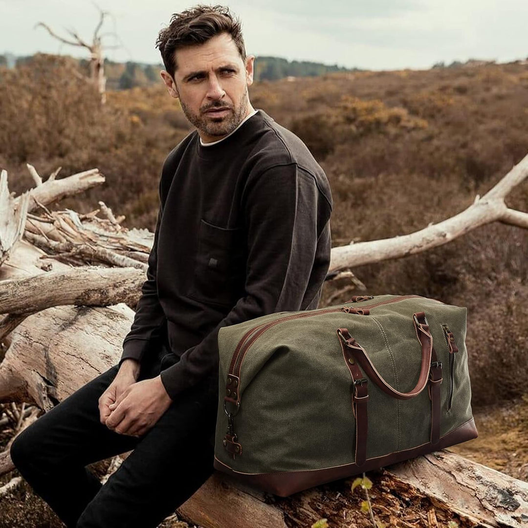 S-ZONE Reisetasche, 60 l, gross, Leinen, echtes Leder, mit Zierbesatz, für Wochenend- und Übernachtu
